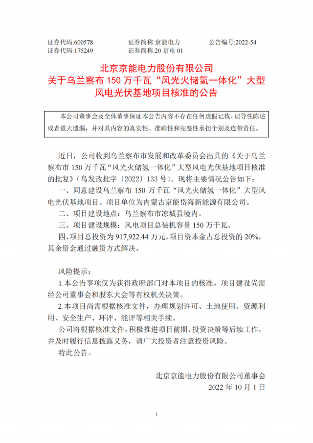 京能電力150萬千瓦“風光火儲氫”基地獲批！